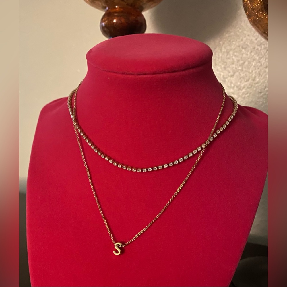 NWT Aeropostale Gold Plated Monogram Layered Necklace Set | CZ Chain +  Pendant